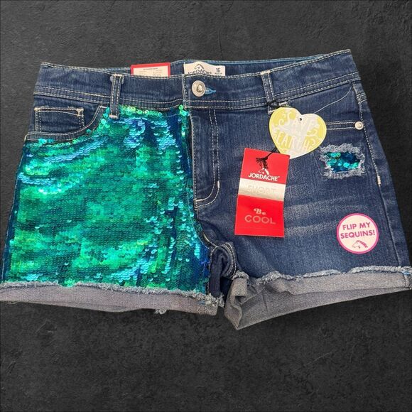 NWT Jordache Girls Mermaid FLIP Sequin Denim Shorts Blingy Dopamine Sass Size 16 - Picture 1 of 7